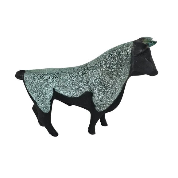 Vintage Hagen Renaker Black Bisque Bull Cow Turquoise Figurine *Repaired*